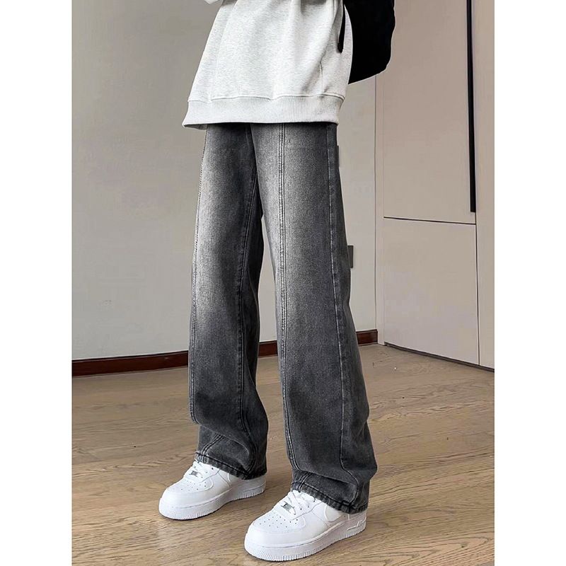 Nordmann Washed Vintage Gradient Color Jeans For Men Loose Straight Wide-Leg American High Street Black Gray Casual Pants_mkmklike.com