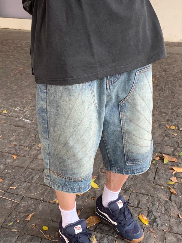 Vintage Washed Denim Shorts For Men – Retro Loose-Fit High-Waisted Carpenter Shorts (Blue, S-3xl)_mkmklike.com
