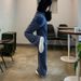 New High-waisted Elastic Waist Wide-leg Straight Jeans For Women With A Drapey, Woven Texture And Distressed Bark_mkmklike.com
