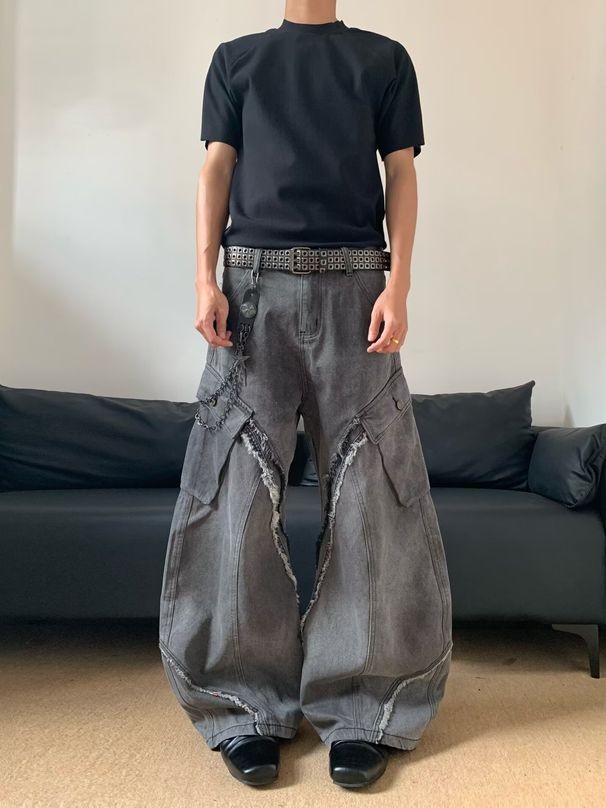 Grunge Couple Jeans – Distressed Black-Gray Patchwork, Relaxed Bootcut For Men & Women (82% Cotton, Vintage Washed, S-XXXL)_mkmklike.com