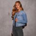 K New Women's Slim Fit Short Collarless Long Sleeved Denim Jacket Retro Multi Pocket Workwear Jacket_mkmklike.com