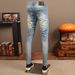 Men's Trendy Ripped Distressed Light Blue Washed Retro Slim Fit Skinny Jeans Midweight Cotton Long Wide Leg Pants_mkmklike.com