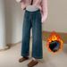 Fleece-Lined Wide-Leg Jeans For Women, Autumn And Winter, Petite, Eight-Point Pants, High Waist, Slimming, Loose,_mkmklike.com