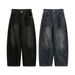 American Style Leopard Print Scimitar Jeans Men's High Street Vibe Trendy Washed Vintage Loose Fit Wide Leg Pants_mkmklike.com