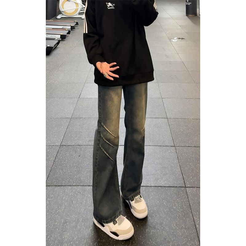 2025 Summer Black Gray Pleated Curved Knife Jeans Men's Style American Vibe Tall Straight Leg Slightly Flared Pants_mkmklike.com