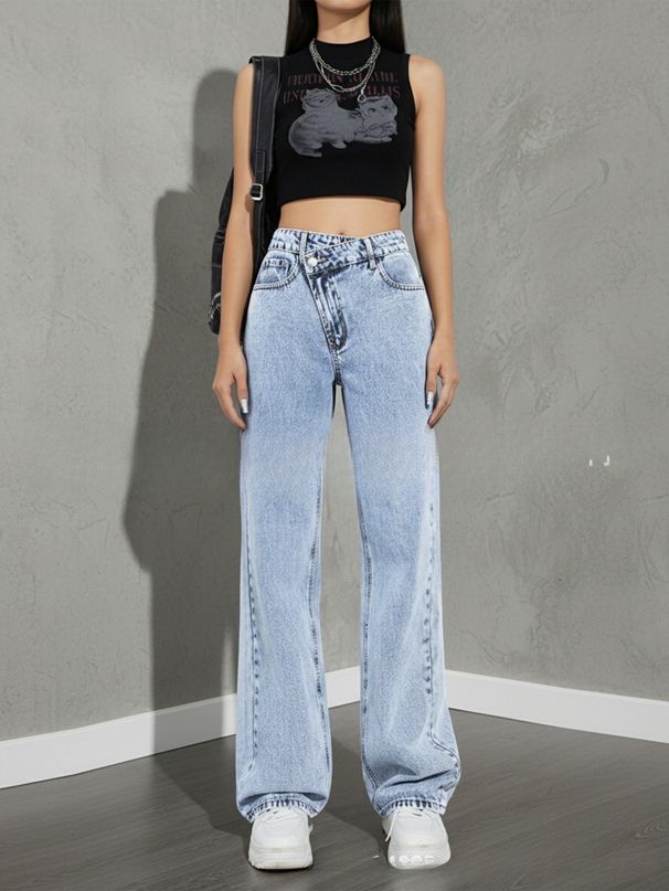 Classic Straight-Leg Jeans – Mid-Rise Washed Denim Pants – Casual & Office Wear_mkmklike.com