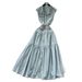 "Sleeveless Denim Dress With Metal Buckle Collar – Slim Fit, Mid-Length Summer Dress (Light Blue/Black, S/M/L/XL)"_mkmklike.com