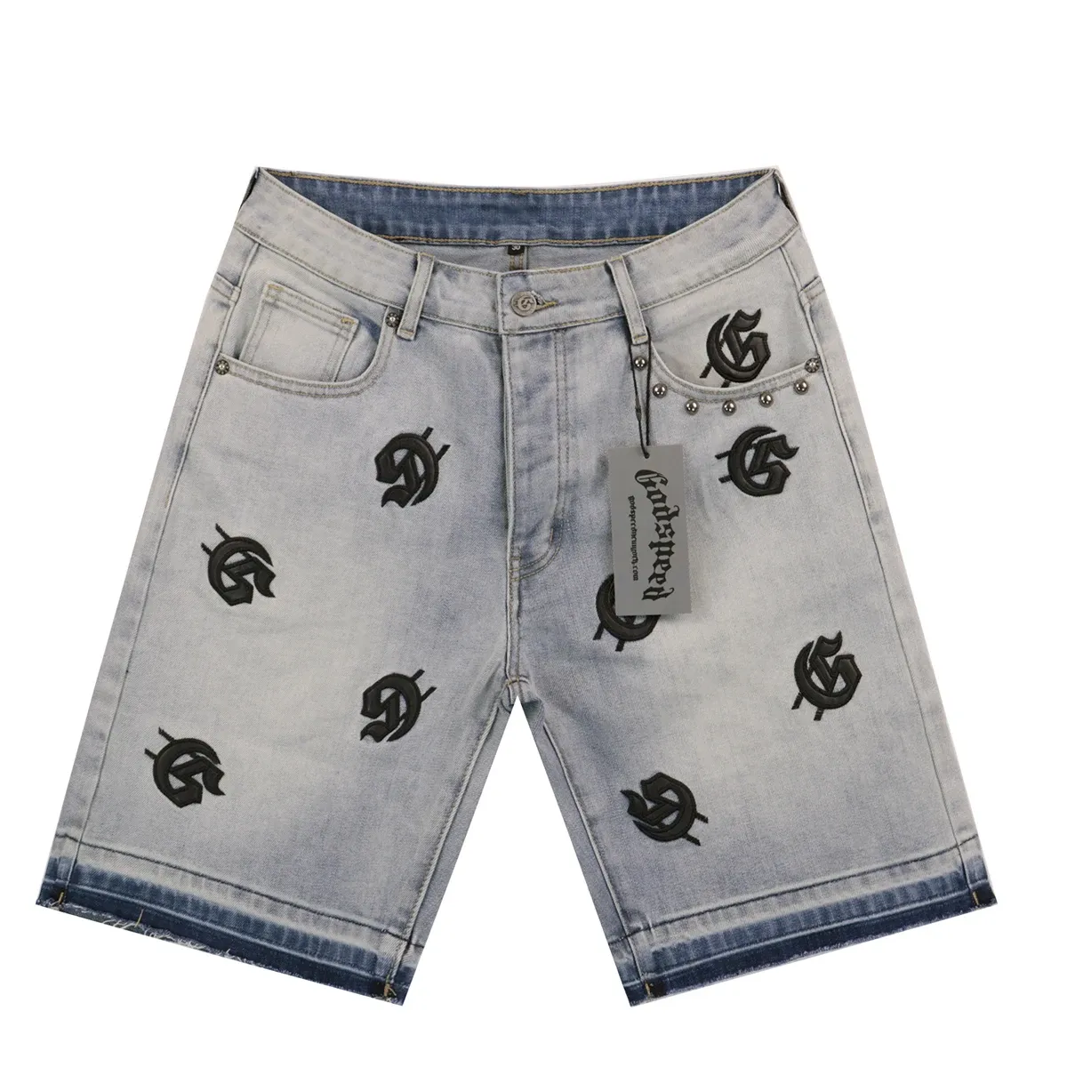Vintage Pu Leather Logo Embroidery Summer Shorts Jeans For Men Washed Straight Casual Five Point Pants Oversized Denim Short_mkmklike.com