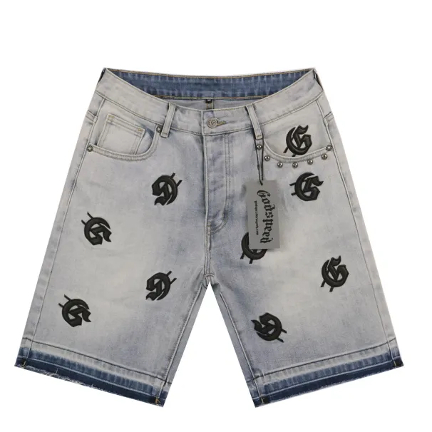 Vintage Pu Leather Logo Embroidery Summer Shorts Jeans For Men Washed Straight Casual Five Point Pants Oversized Denim Short_mkmklike.com