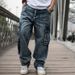 Washed Side Pockets Loose Fit Blue Straight Wide Leg Casual Denim Mens Baggy Cargo Jeans Pants For Men_mkmklike.com