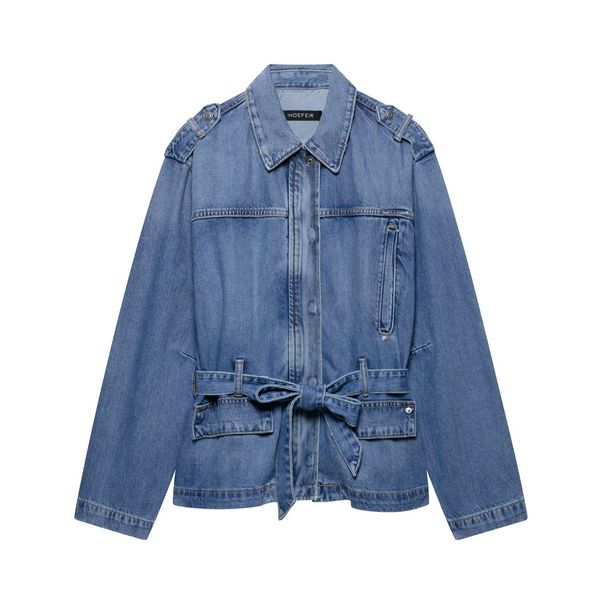 Women's Belted Denim Jacket – Stylish Long Sleeve Coat For Casual & Office Wear (XS/S/M/L, Blue)_mkmklike.com