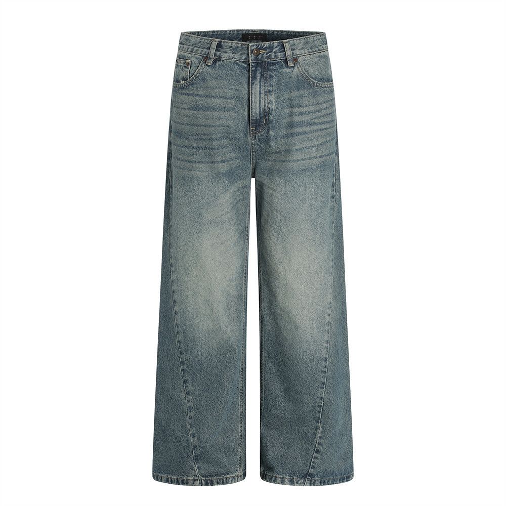 Washed Jeans For Men, Distressed Vintage Punk Style, Loose Wide-Leg Straight Pants, American Street Fashion Dad Pants_mkmklike.com