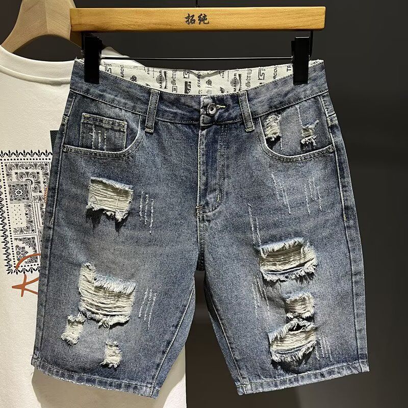 Men's Trendy Distressed Denim Shorts Light Colored Stretch Straight Leg Summer Half Length Pants_mkmklike.com