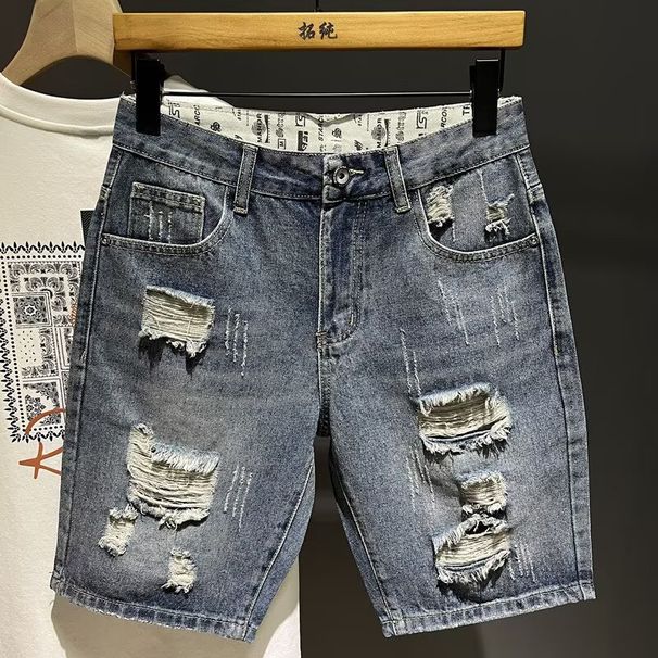 Men's Trendy Distressed Denim Shorts Light Colored Stretch Straight Leg Summer Half Length Pants_mkmklike.com