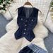 Women's Clothing V Neck Sleeveless Single Breasted Top Two Piece Suit Casual Wide Leg Trousers_mkmklike.com