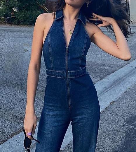 Denim Jumpsuit V Neck Zipper Bell Sleeveless Sexy Outifts Elegant Backpacker Party Summer 2025_mkmklike.com