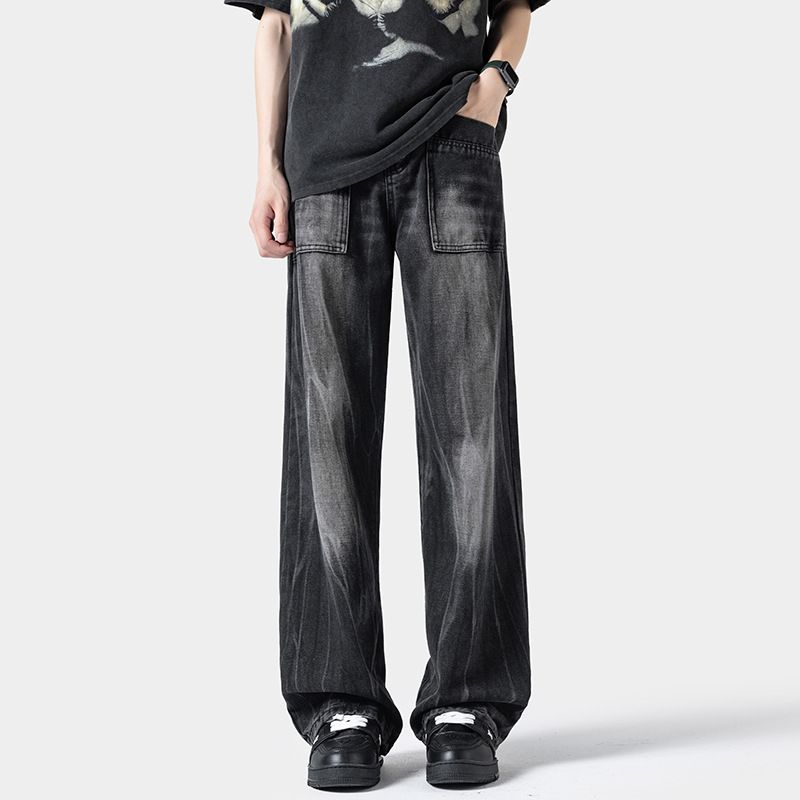 American-style Washed Cool Men's Jeans, Trendy Brand, Loose Fit, Lightning Pattern, Straight-leg Pants, High Street_mkmklike.com