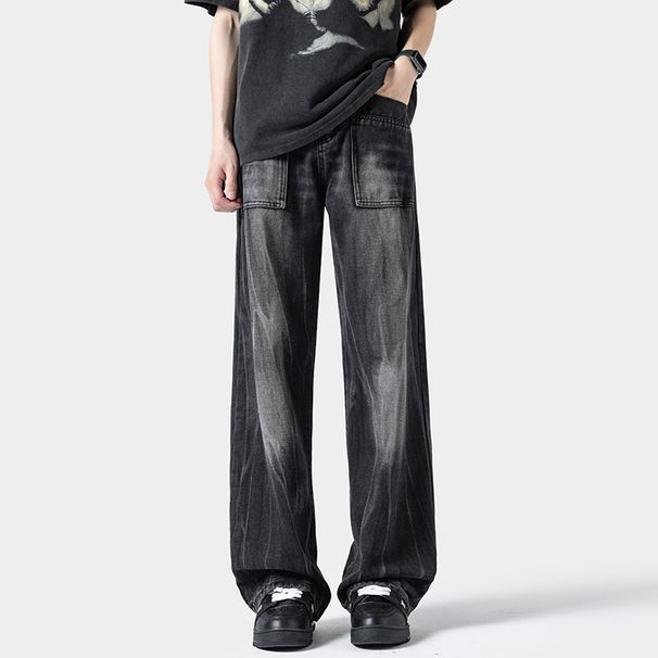 American-style Washed Cool Men's Jeans, Trendy Brand, Loose Fit, Lightning Pattern, Straight-leg Pants, High Street_mkmklike.com