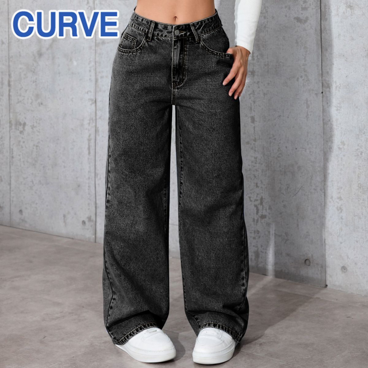 Plus Size Women's High-Waisted Straight-Leg Jeans – Sweet & Edgy Stretch Denim Pants (Casual & Office-Ready, Trendy Patchwork Details)_mkmklike.com