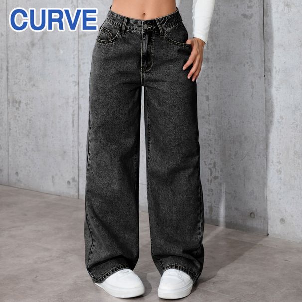 Plus Size Women's High-Waisted Straight-Leg Jeans – Sweet & Edgy Stretch Denim Pants (Casual & Office-Ready, Trendy Patchwork Details)_mkmklike.com