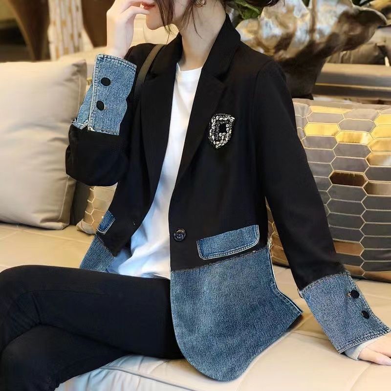 Women's Clothing Petite Women's Korean Style British Denim Blazer Casual Elegant Patchwork Blazer Long Sleeve For Formal & Casual For Women_mkmklike.com