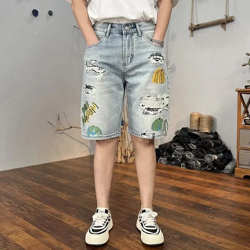 Men's Clothing Washed Ripped Denim Shorts Men's Loose Straight Ink Splash Hiphop Casual Five Point Pants_mkmklike.com