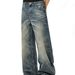 Men's Distressed Vintage Blue Jeans – American Retro Washed Denim, Relaxed Straight-Leg Fit, Unisex Casual Pants (S-3XL, Mid-Rise, Cotton Blend)_mkmklike.com