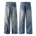 Men's Clothing Vintage Distressed Dirty Stained Ripped Loose Straight Floor Length Jeans_mkmklike.com