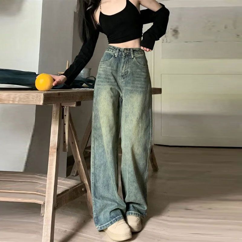 Women's Vintage High-Waisted Wide-Leg Jeans – Relaxed Fit, Retro Blue, No Stretch For Casual & Streetwear_mkmklike.com