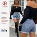 Women's High-Waisted Distressed Denim Shorts – Retro Raw Hem & Rolled Cuff (S-Xl, Light Blue, 90% Cotton)_mkmklike.com