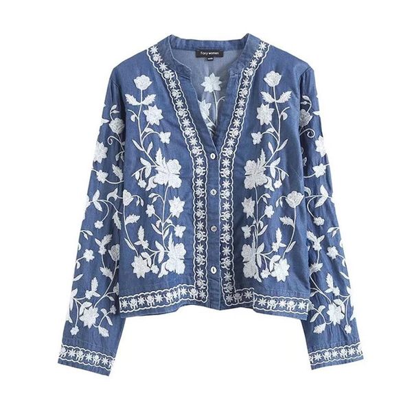 Chicco European And American Fashion Autumn Winter New Cross-Border Wholesale Vintage Long Sleeve Floral Embroidery Denim_mkmklike.com