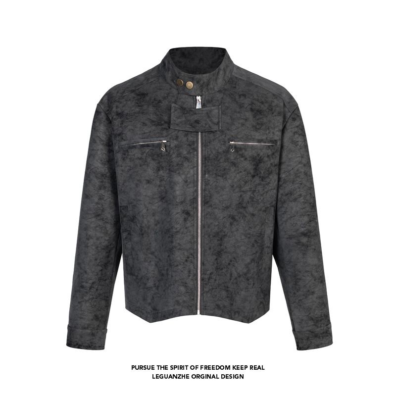 American Retro Brown Tie-dye Stand-collar Biker Jacket For Men And Women, Spring Maillard High-end Loose-fit Workwear_mkmklike.com