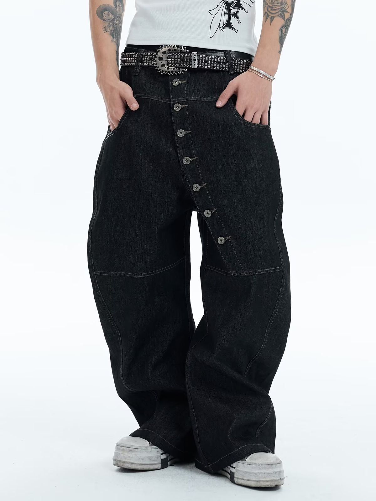 Vintage High-Waisted Wide Leg Jeans For Men - Retro Button Fly Design With Distressed Wash & Streetwear Aesthetic_mkmklike.com