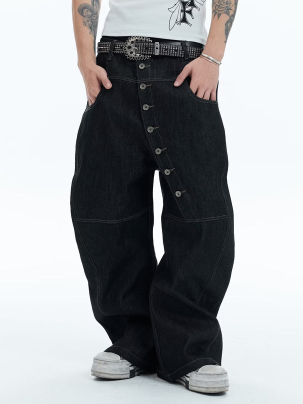 Vintage High-Waisted Wide Leg Jeans For Men - Retro Button Fly Design With Distressed Wash & Streetwear Aesthetic_mkmklike.com