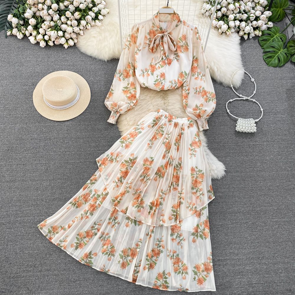 Women's Clothing light mature style, lantern long sleeves, bowknot, loose printed chiffon shirt, two-piece suit, high waist skirt_mkmklike.com