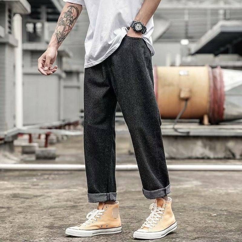 Men's Vintage-Inspired Washed Jeans Streetwear Straight-Leg Pants Drawstring Waist Lightweight Distressed Finish S-5XL_mkmklike.com