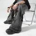 Men's Black & Gray Distressed Jeans - Summer Thin Washed Cotton High Street Vibe Baggy Cargo Pants With Slight Flare_mkmklike.com