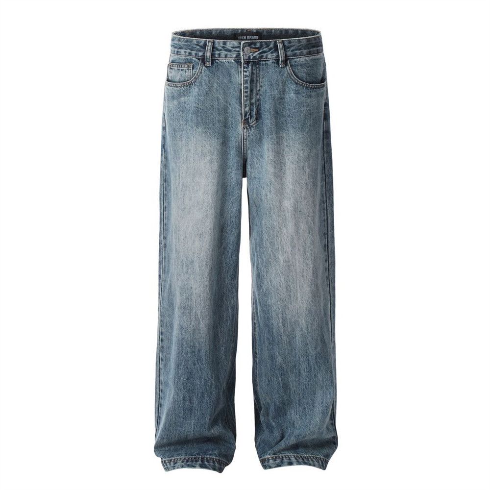 Distressed Washed Jeans Men's High Street Vibe Loose Casual Straight Long Oversize American Style Wide Leg Pants_mkmklike.com