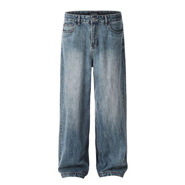 Distressed Washed Jeans Men's High Street Vibe Loose Casual Straight Long Oversize American Style Wide Leg Pants_mkmklike.com