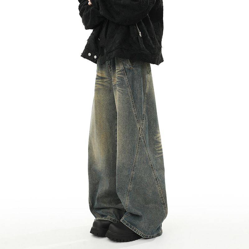 Men's Washed Distressed Patchwork Jeans Straight Leg Loose Fit Wide Leg American High Street Style Trendy Cool Retro Long Pants_mkmklike.com