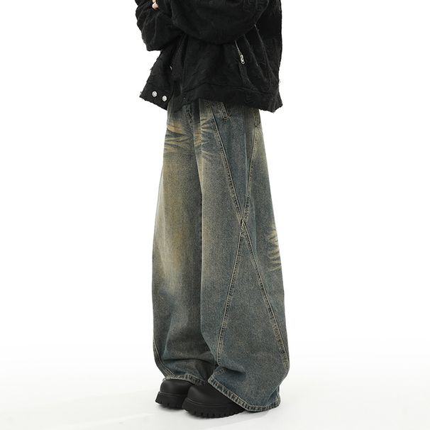 Men's Washed Distressed Patchwork Jeans Straight Leg Loose Fit Wide Leg American High Street Style Trendy Cool Retro Long Pants_mkmklike.com