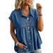 Women's Cap Sleeve Denim Blouse, Casual Loose Pleated Babydoll Shirt, Button Down Collared Peplum Top For Daily Streetwear Summer Everyday Wear, Soft_mkmklike.com