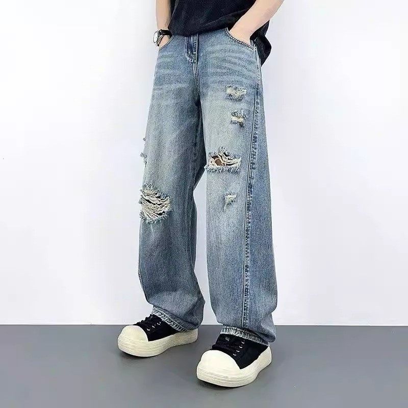 Men's Retro Ripped Jeans Loose Straight Leg Wide Leg Casual Trousers Trendy Design New Summer Style_mkmklike.com