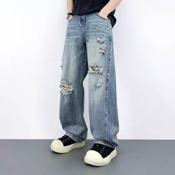 Men's Retro Ripped Jeans Loose Straight Leg Wide Leg Casual Trousers Trendy Design New Summer Style_mkmklike.com