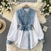 Women's Clothing Polo Collar Denim Two-piece Long-sleeved Shirt With A Niche Mid-length Waist And Chic Top_mkmklike.com