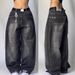 Women's Clothing Black And Gray Denim Wide Leg Pants Jazz Dance Pants High Waist Retro Old Ins Niche Design Pants_mkmklike.com