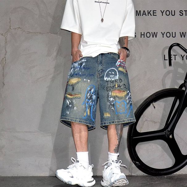 Men's American Style Hand Painted Graffiti Print Ripped Denim Shorts Summer Fashion Loose Fit Five Point Jeans_mkmklike.com