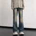 Suitable For All Seasons Vibe Style Men Dark Blue Washed Gradient Jeans High Street Straight Slim Fit Flared Pants_mkmklike.com