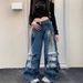 Women's Clothing Deconstructed Washed Workwear Jeans For Women - Oversized Straight Leg Denim Pants With Drop Crotch & Multi-Pockets_mkmklike.com
