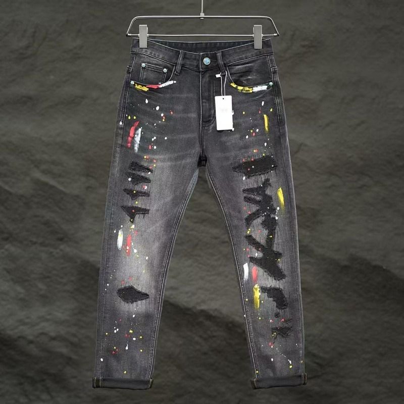 Men's Splatter Paint Denim Jeans – Retro & Edgy Streetwear, Slim Straight Fit (Sizes 28-36, Black-Grey)_mkmklike.com